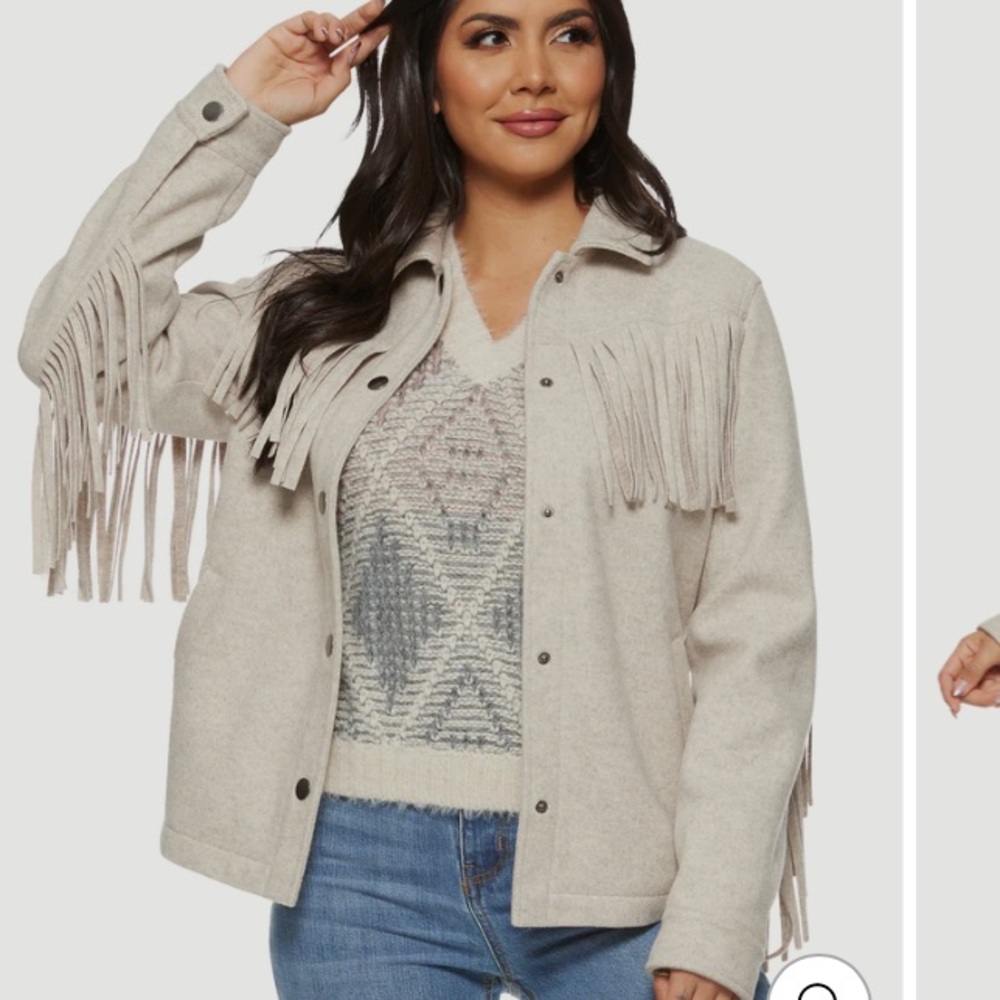 Fringe Soft Button Up Jacket Cream/Light Grey - image 6